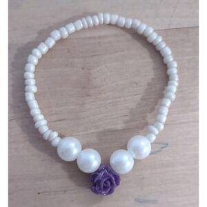 The "Amethyst Blossom" Stretch Bracelet – Ivory Seed Beads, Pearls & Purple Rose